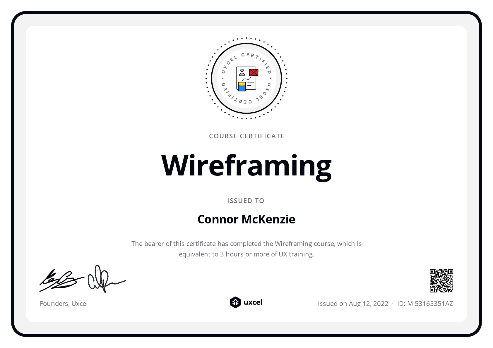 Connor McKenzie's certificate